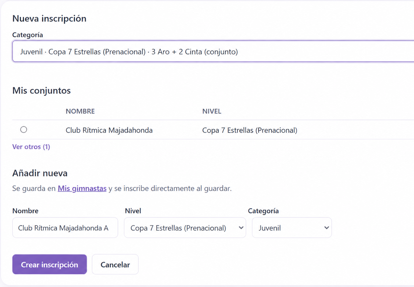 Inscripción de gimnastas en categorías de un torneo