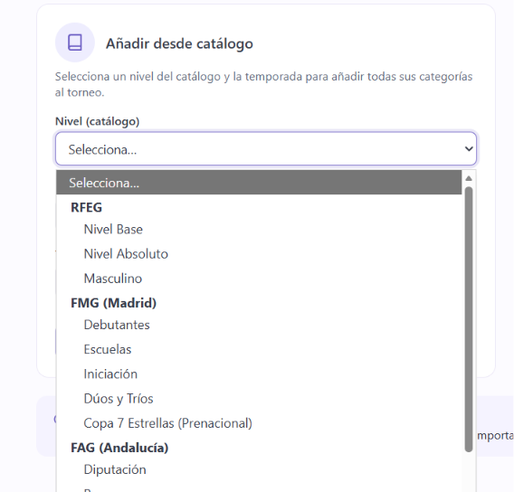 Selección de categorías del catálogo oficial en el Portal Organizador